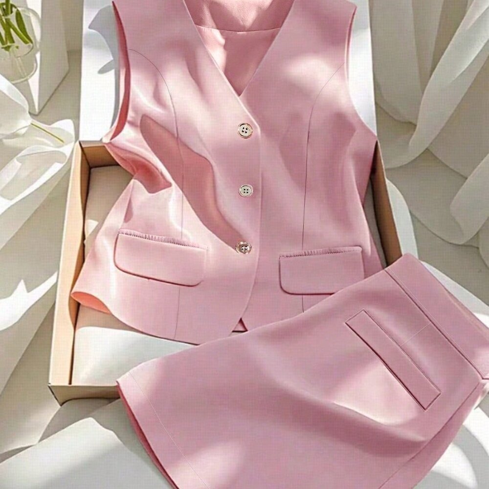 Pink Elegant Women's Skirt & Vest Suit Set